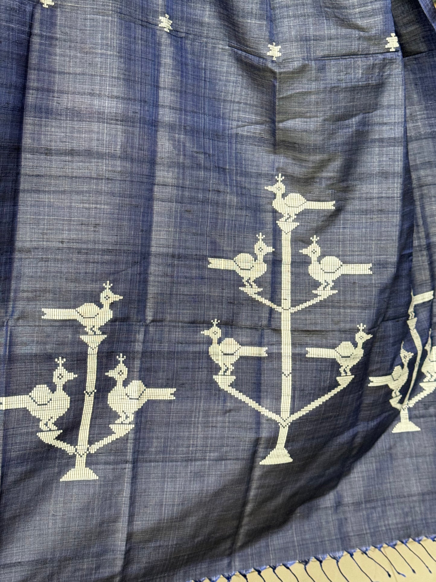Birds on trees - hand woven pure tussar silk x mulberry silk dupatta with extra weft motifs