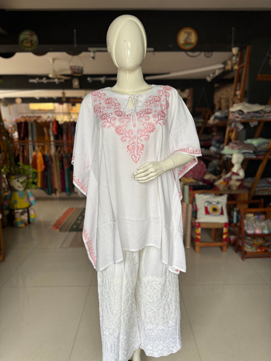 Chikankari plazo pants in white cotton, scallop border - free size pants with hand embroidery