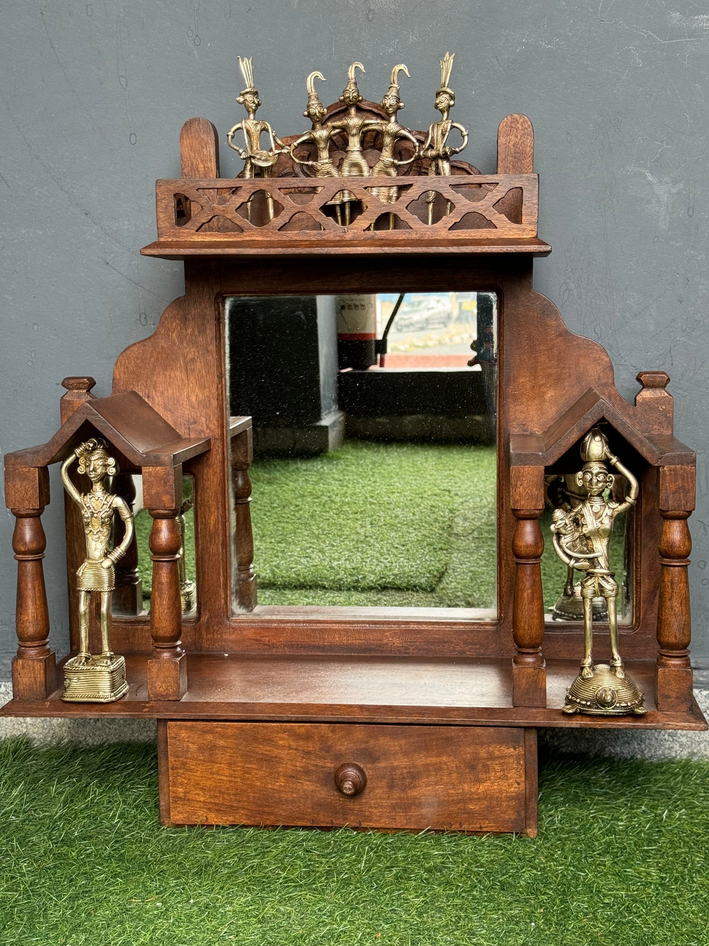 Wooden wall decor frame with 3 mirrors, drawer and niches for adding decorative items