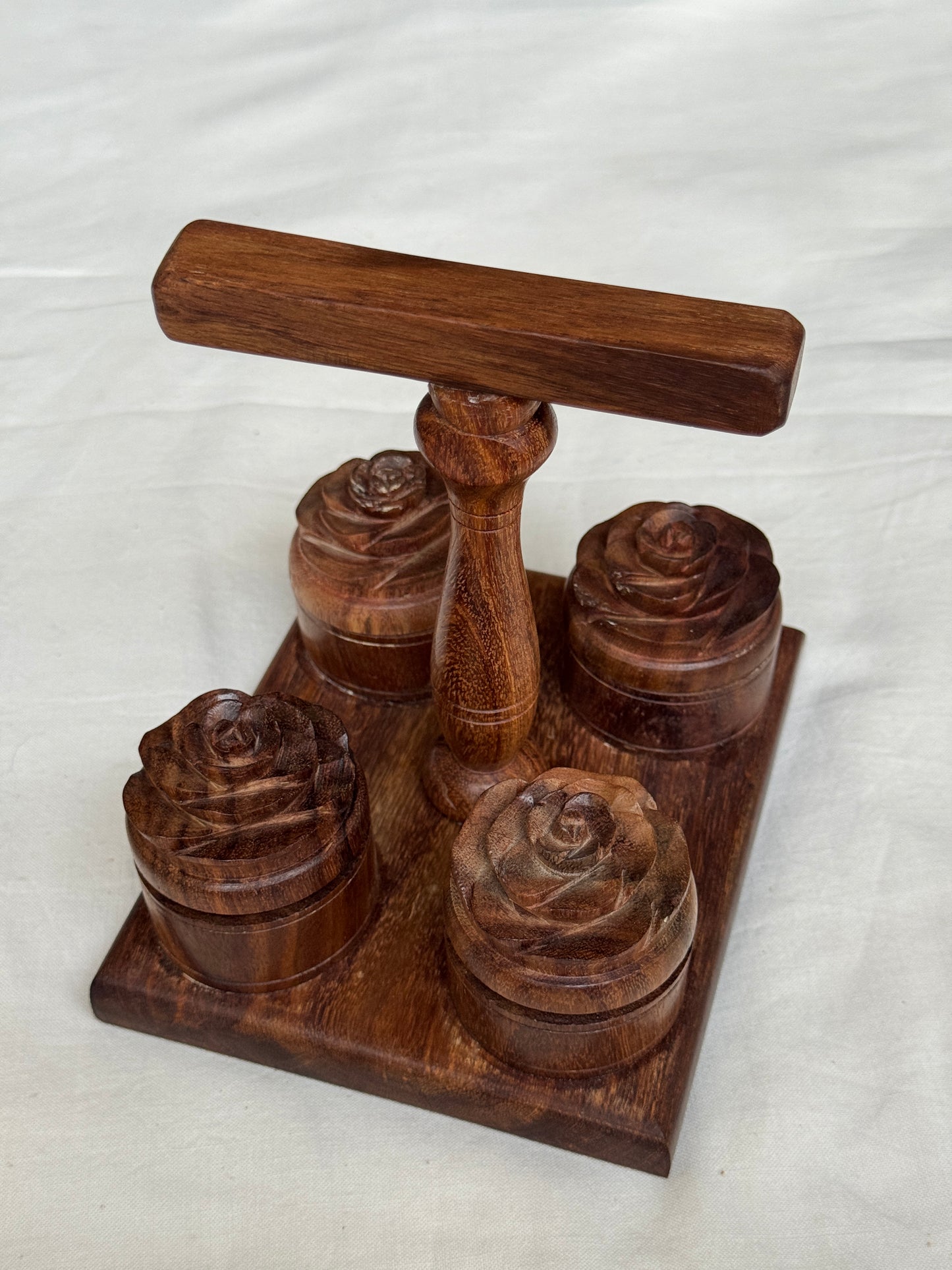 Carry pooja essentials together - handcrafted wood small haldi kumkum chandan akshat boxes with rose on top - with handle and attached to base