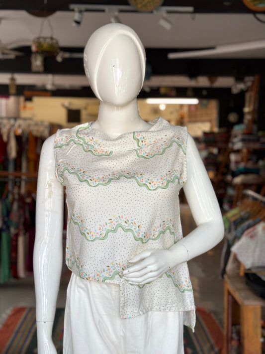 Dots n flowers soft handwoven textured cotton top with asymmetric hemline