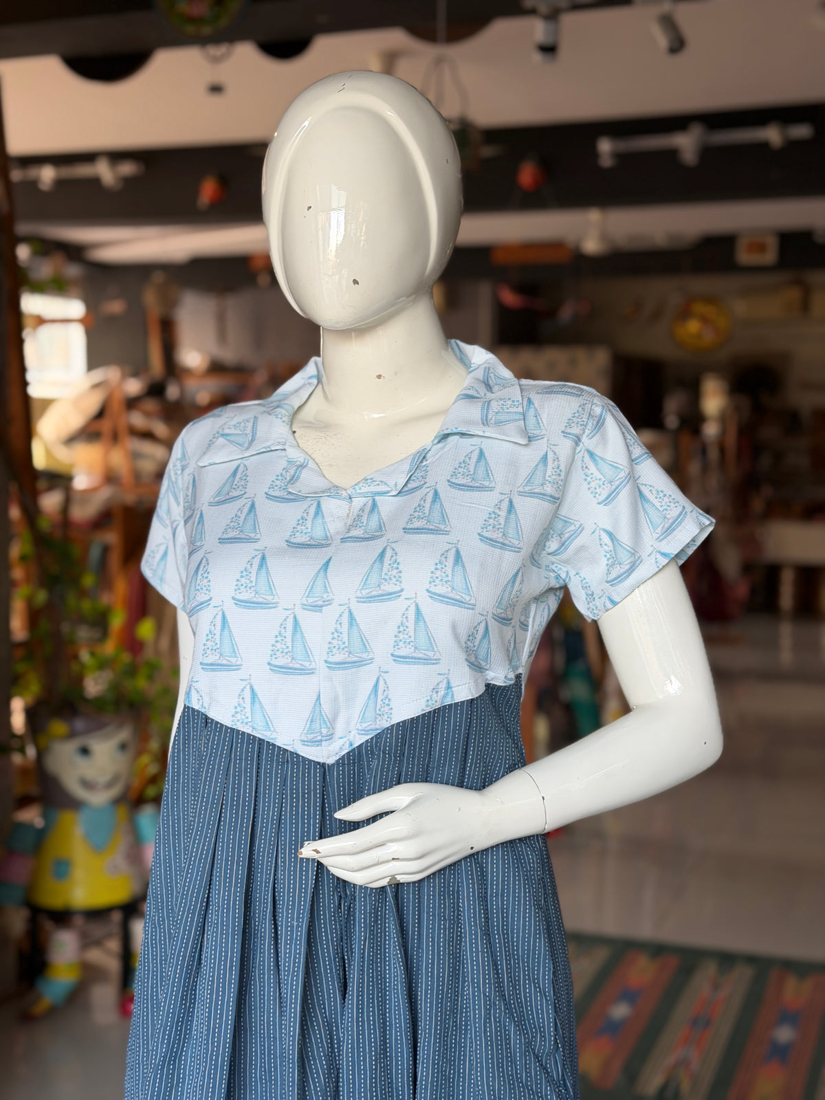 White boats print handloom cotton shirt style yoke with Kantha cotton flare