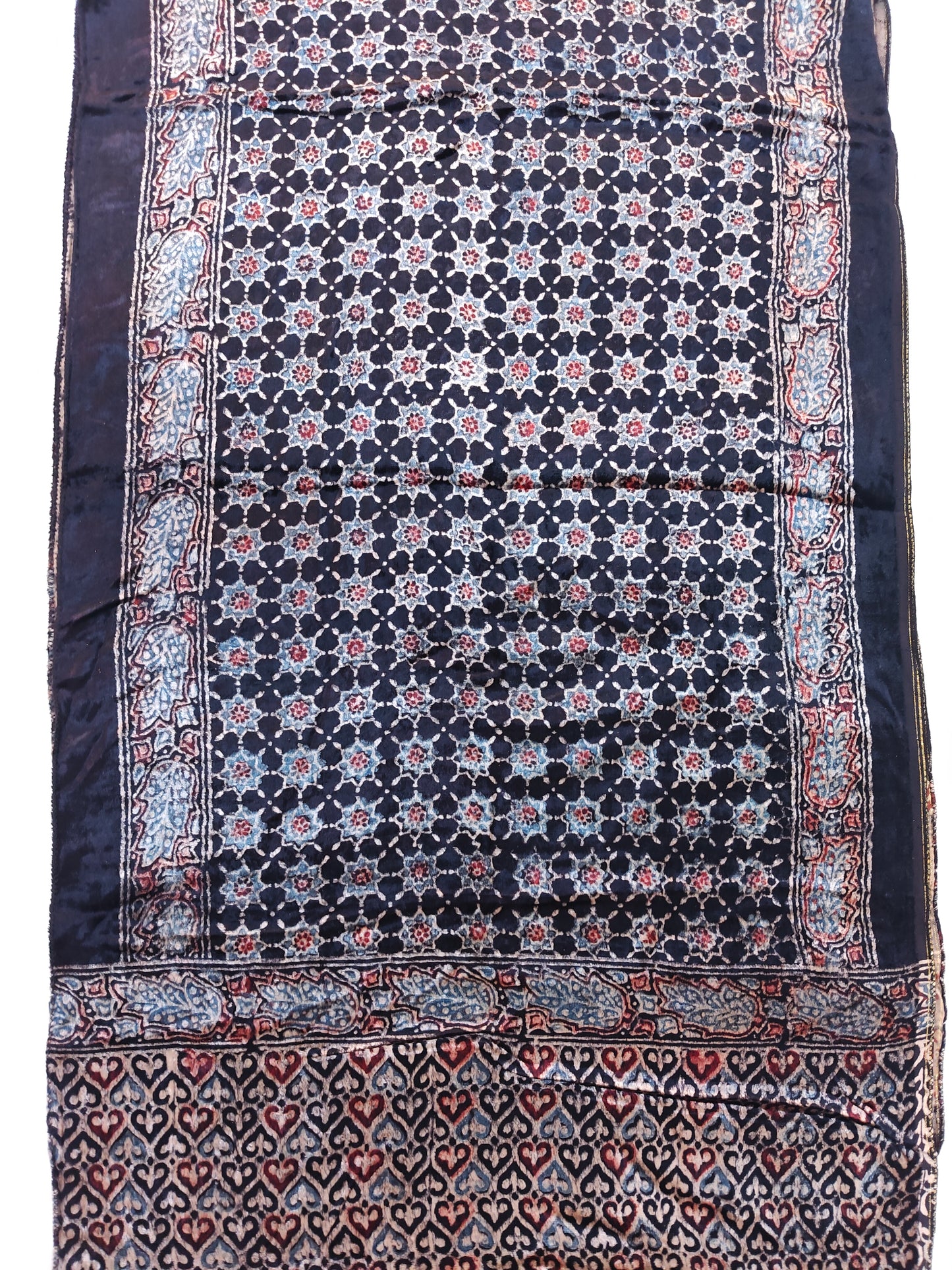 Black stars and hearts print velvet stole with hand block Ajrakh prints
