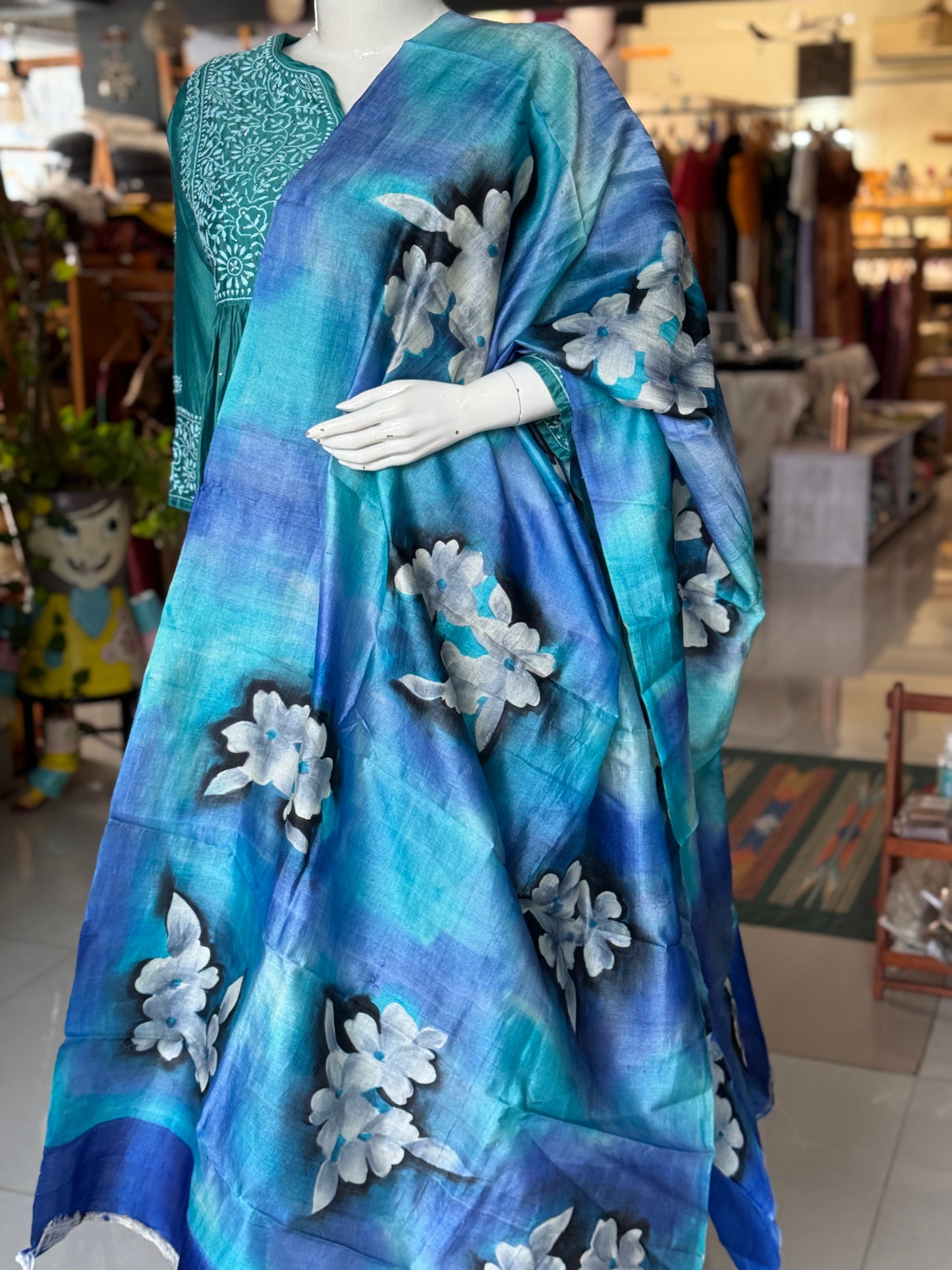 Shades of blue - hand painted tussar silk floral dupatta