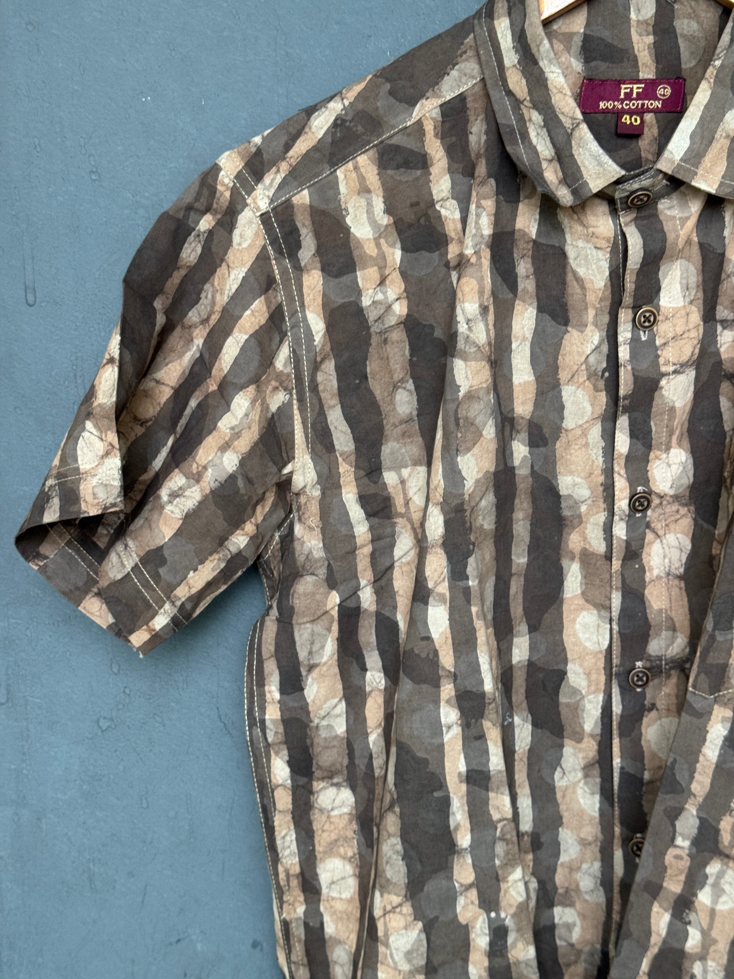 Brown stripes half sleeves mens hand block printed cotton shirt