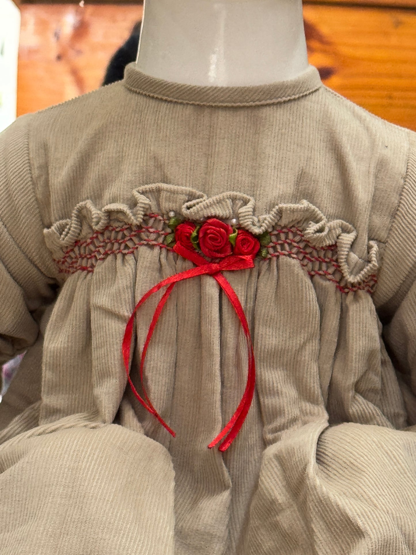 Corduroy soft frock with smocking embroidery