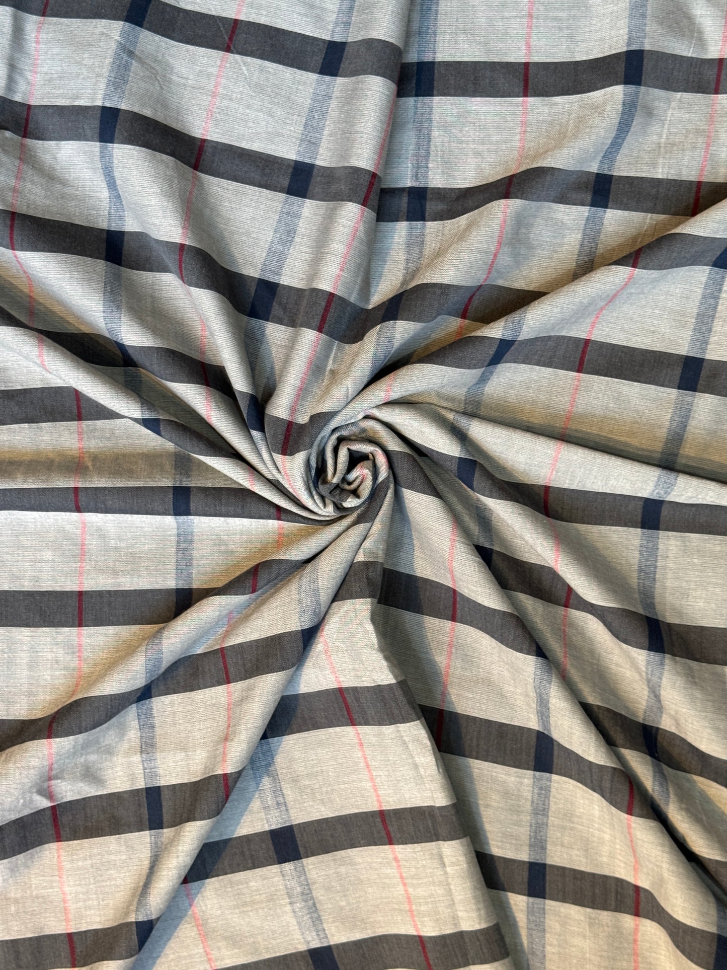 Grey black and red checks soft pure cotton handwoven fabric