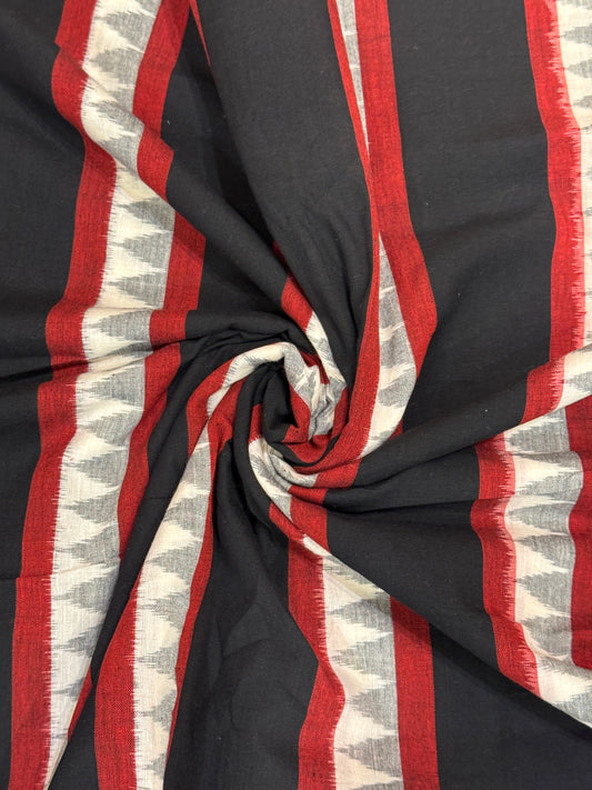 Temple stripes cotton handloom ikat fabric - black, white and maroon
