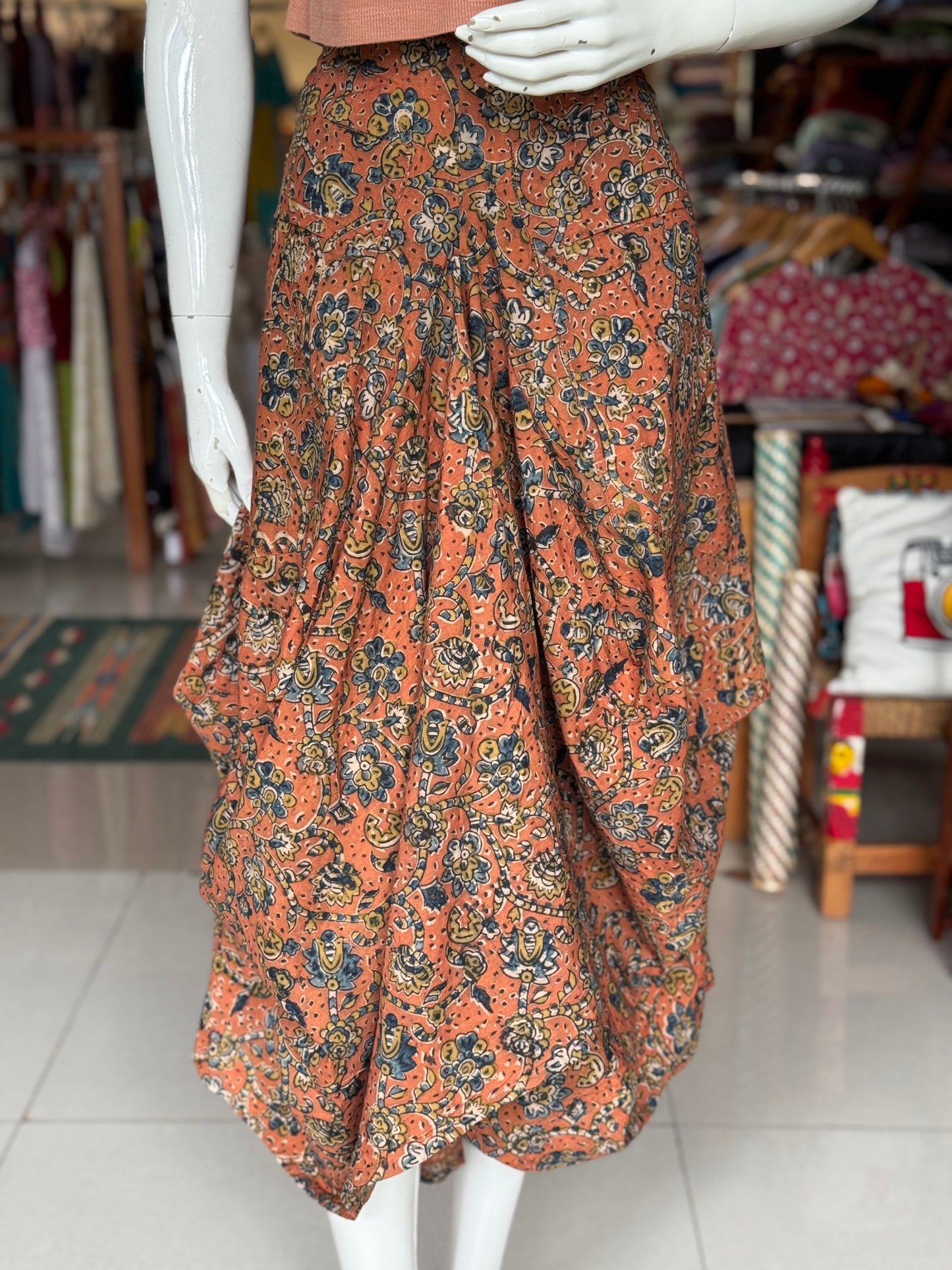 Peach Kalamkari hand block printed cotton designer skirt - with pockets