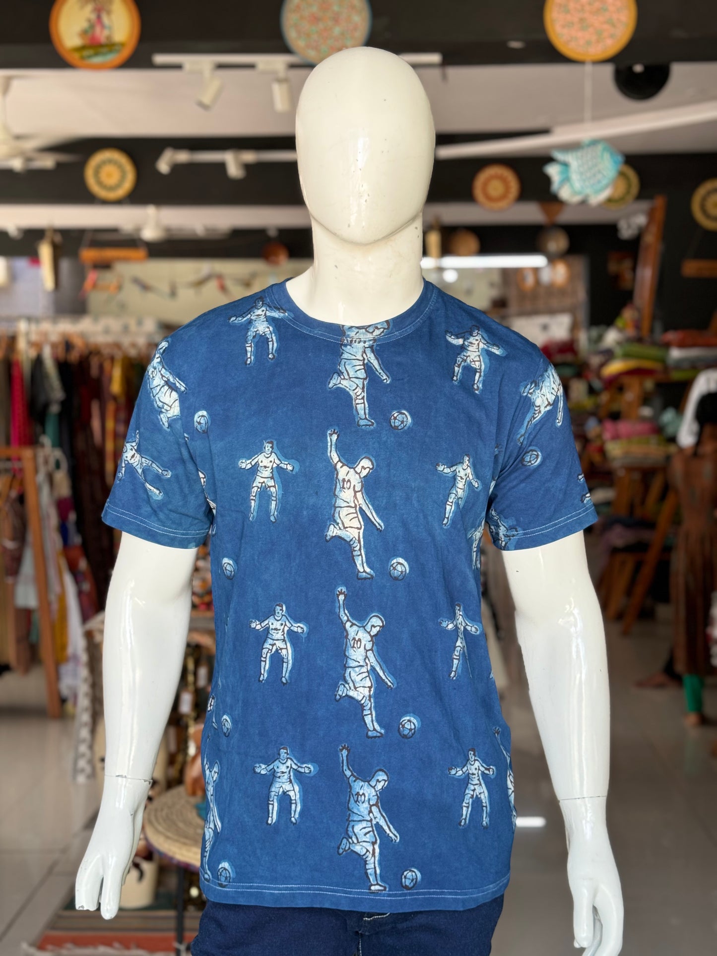 Indigo - Football love - hand block printed natural dyed mens cotton t-shirt
