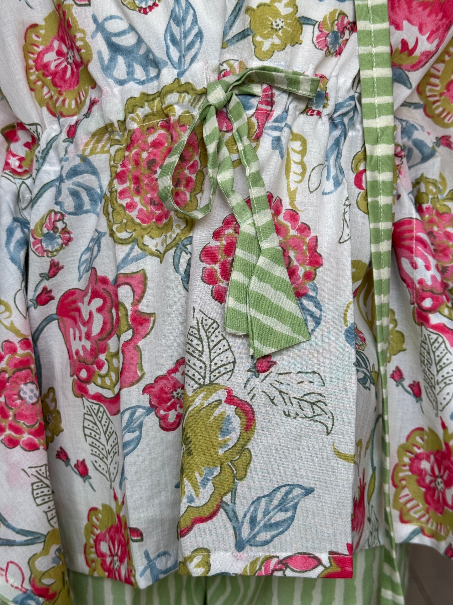 White and green floral hand block printed kaftan top with block printed stripes shorts and a matching bag - all in cotton
