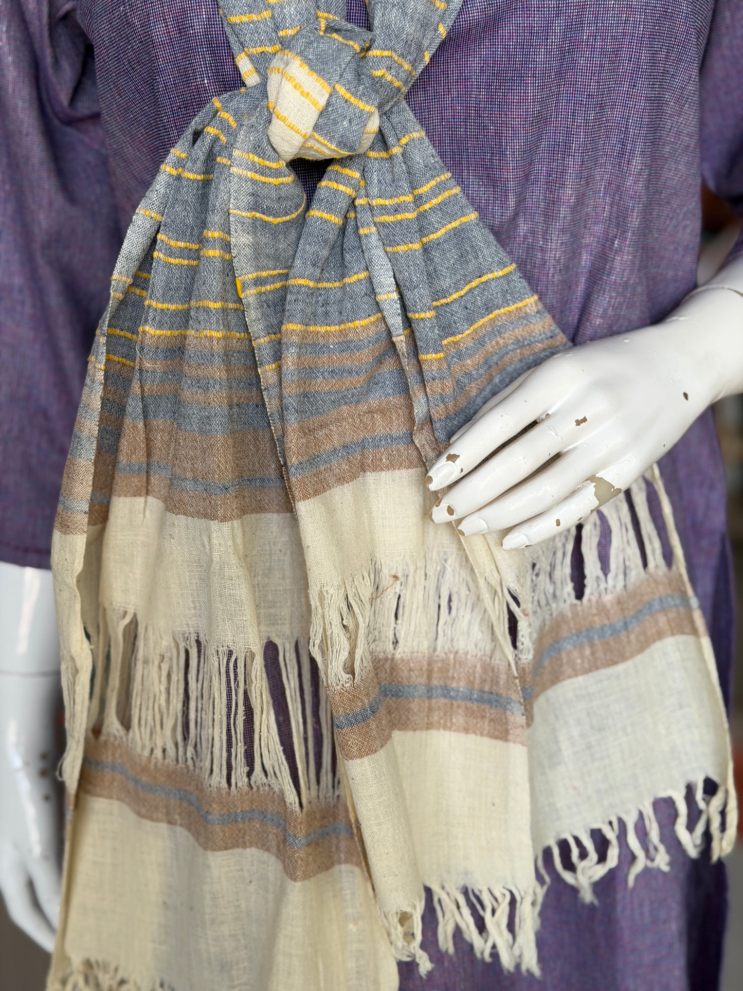 Light blue hand spun, hand woven cotton scarf / stole with yellow stripes - unisex