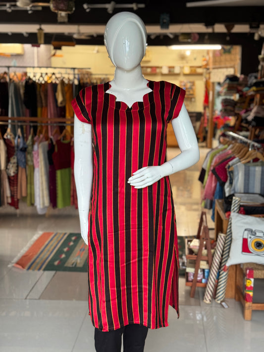 Mashru straight kurti in red and black stripes