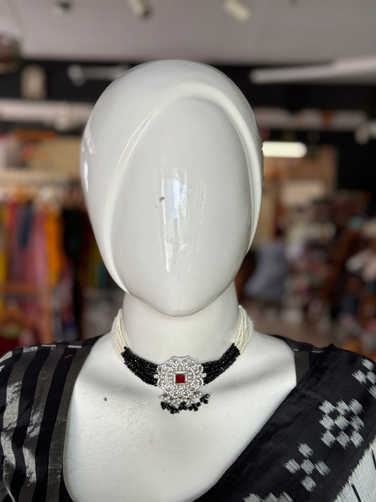Black n white beads, pink n white stones choker and earrings set in silver tone