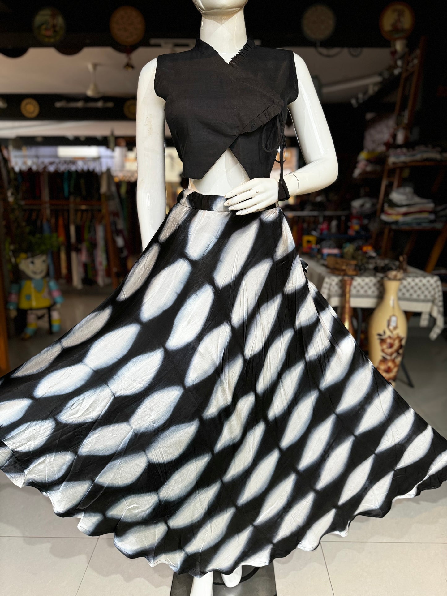 Black and white clamp dyed soft n flowy modal lehenga skirt