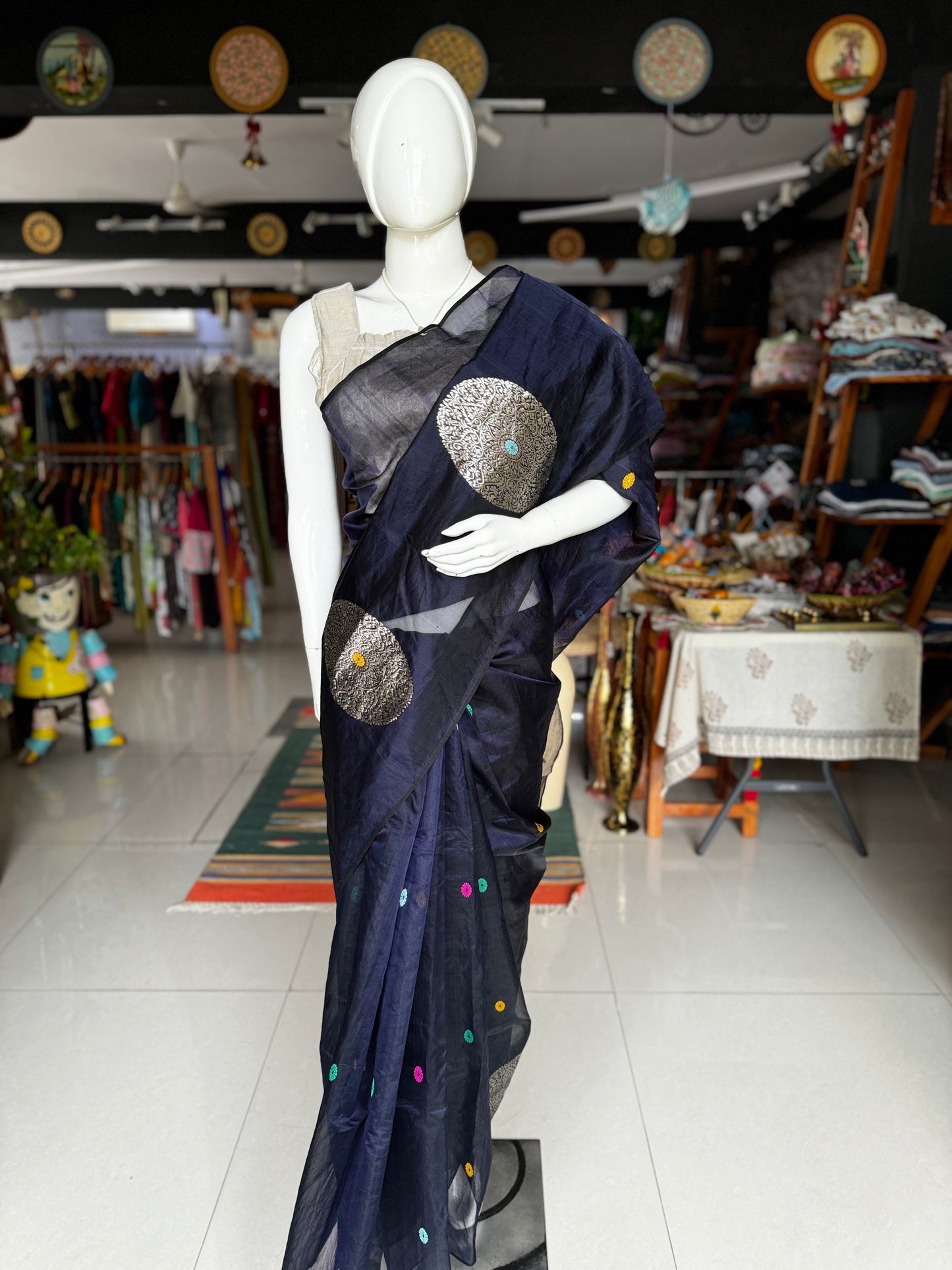 Navy blue Chanderi katan silk handwoven saree with big silver ball butis and colourful round butis