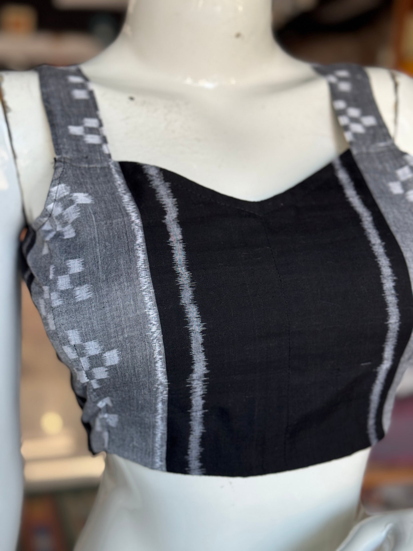 Grey and black ikat mercerized cotton sleeveless handloom blouse