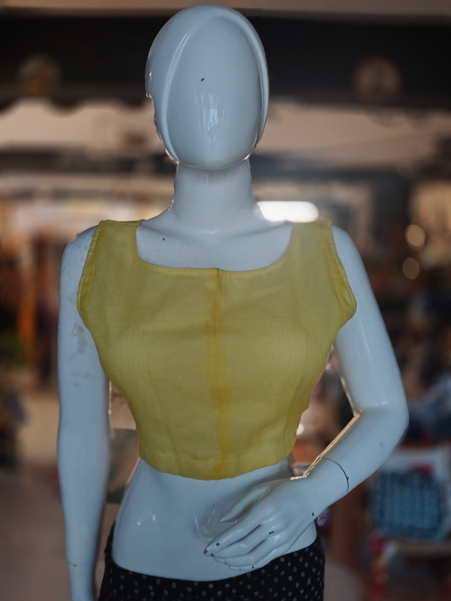Yellow kota cotton back open sleeveless blouse