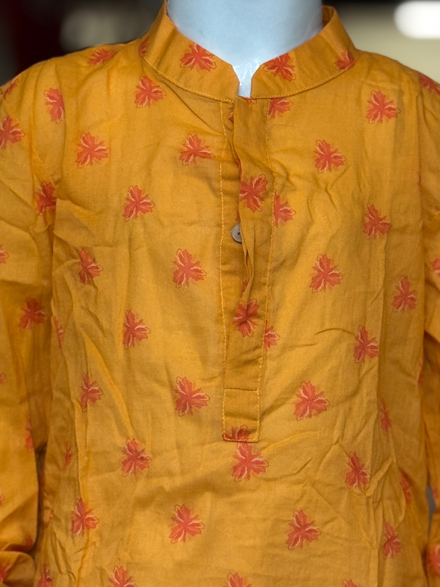 Orange flower handblock printed kurta for boys