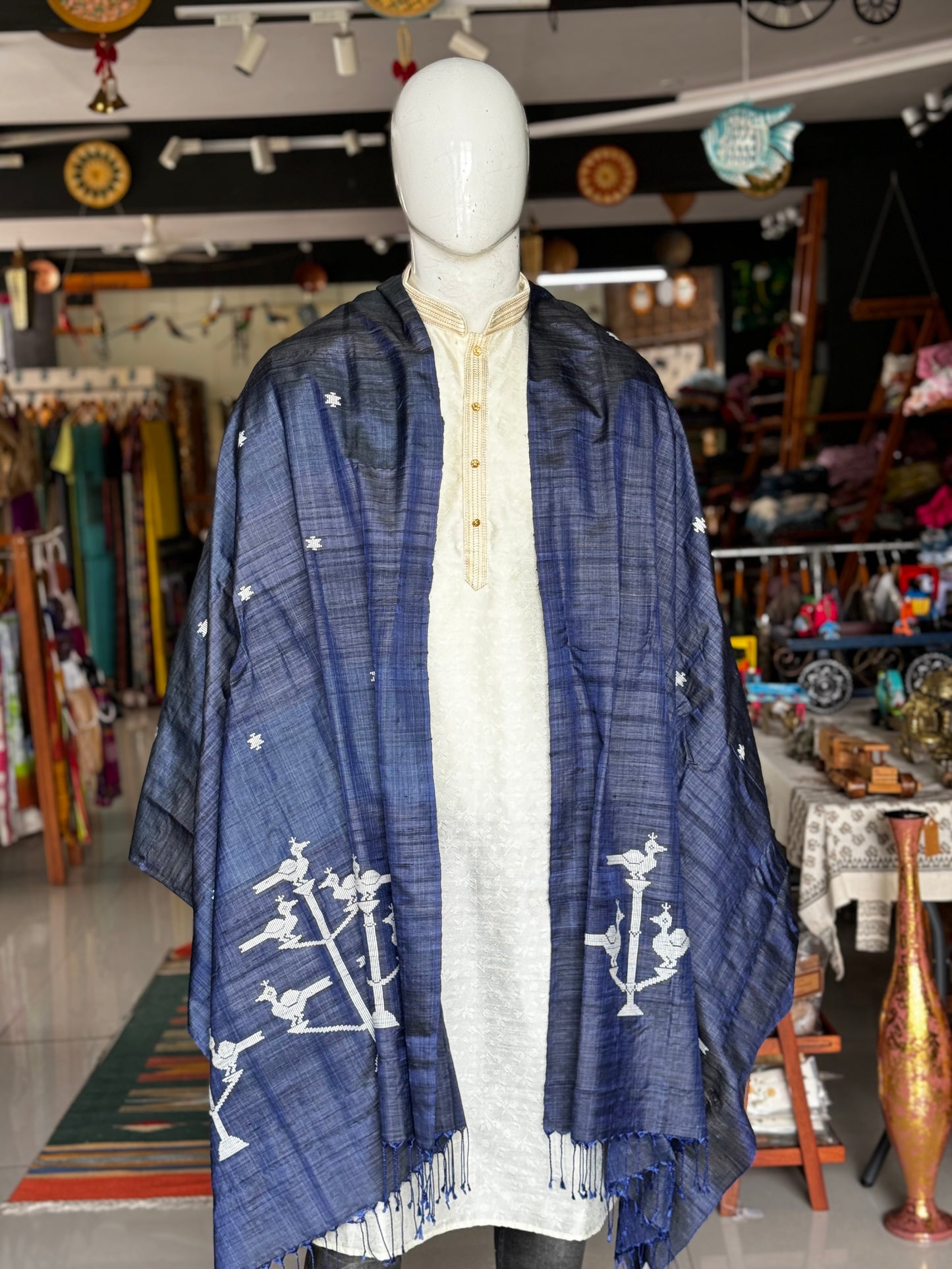 Birds on trees - hand woven pure tussar silk x mulberry silk dupatta with extra weft motifs