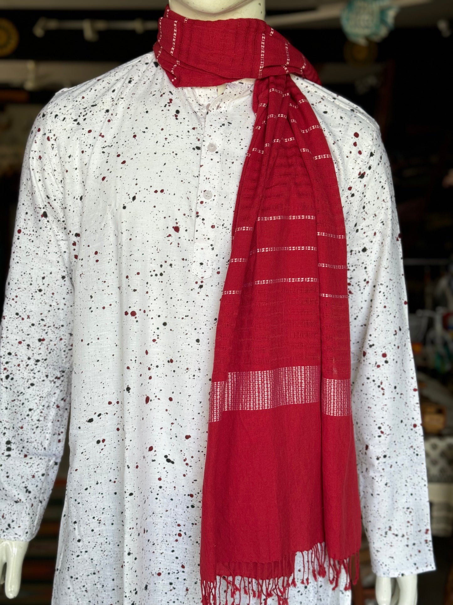 Red cotton handloom stole with missing lines weave
