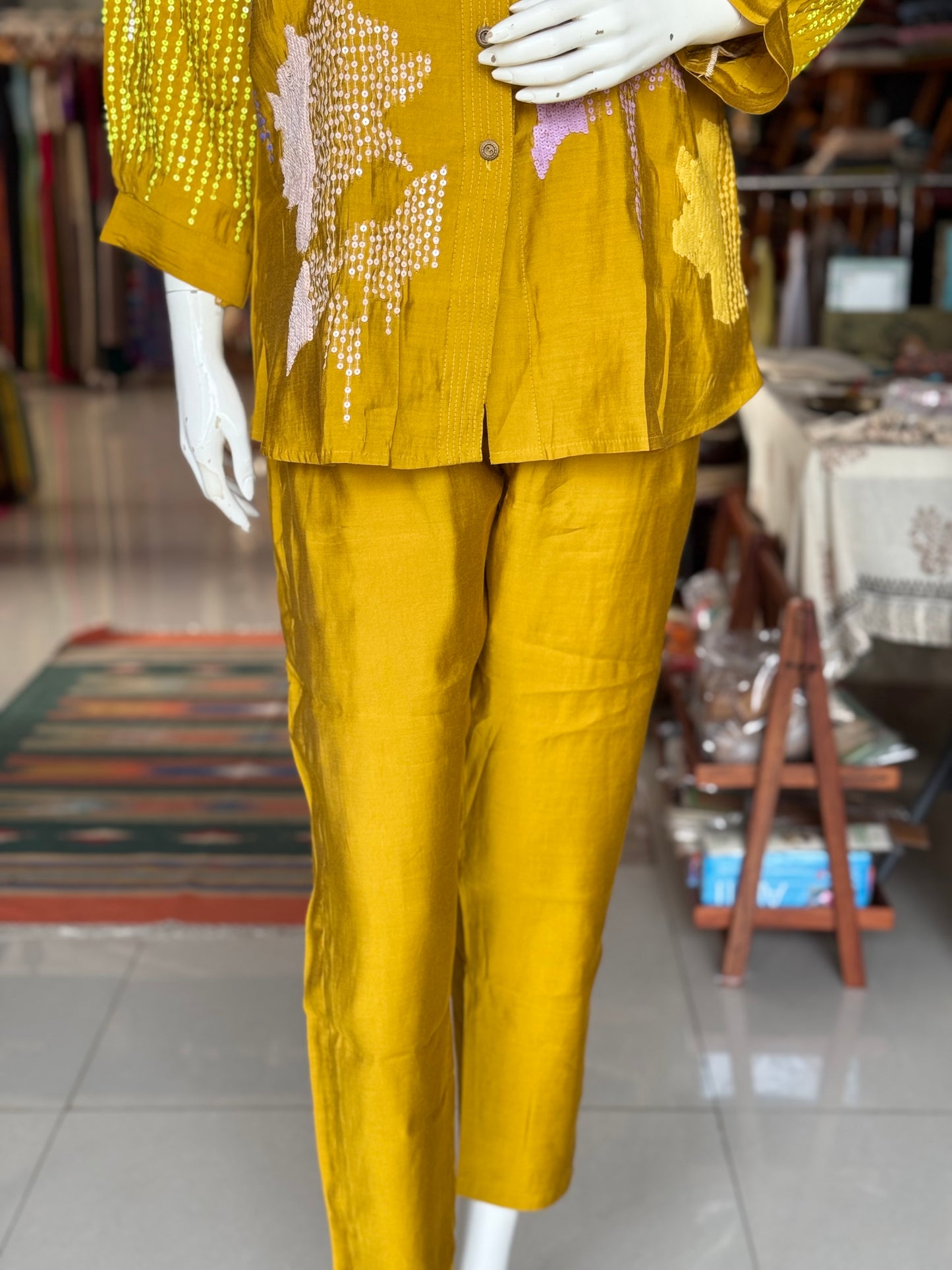 Yellow silk cotton embroidered collared top and pants party wear coord set