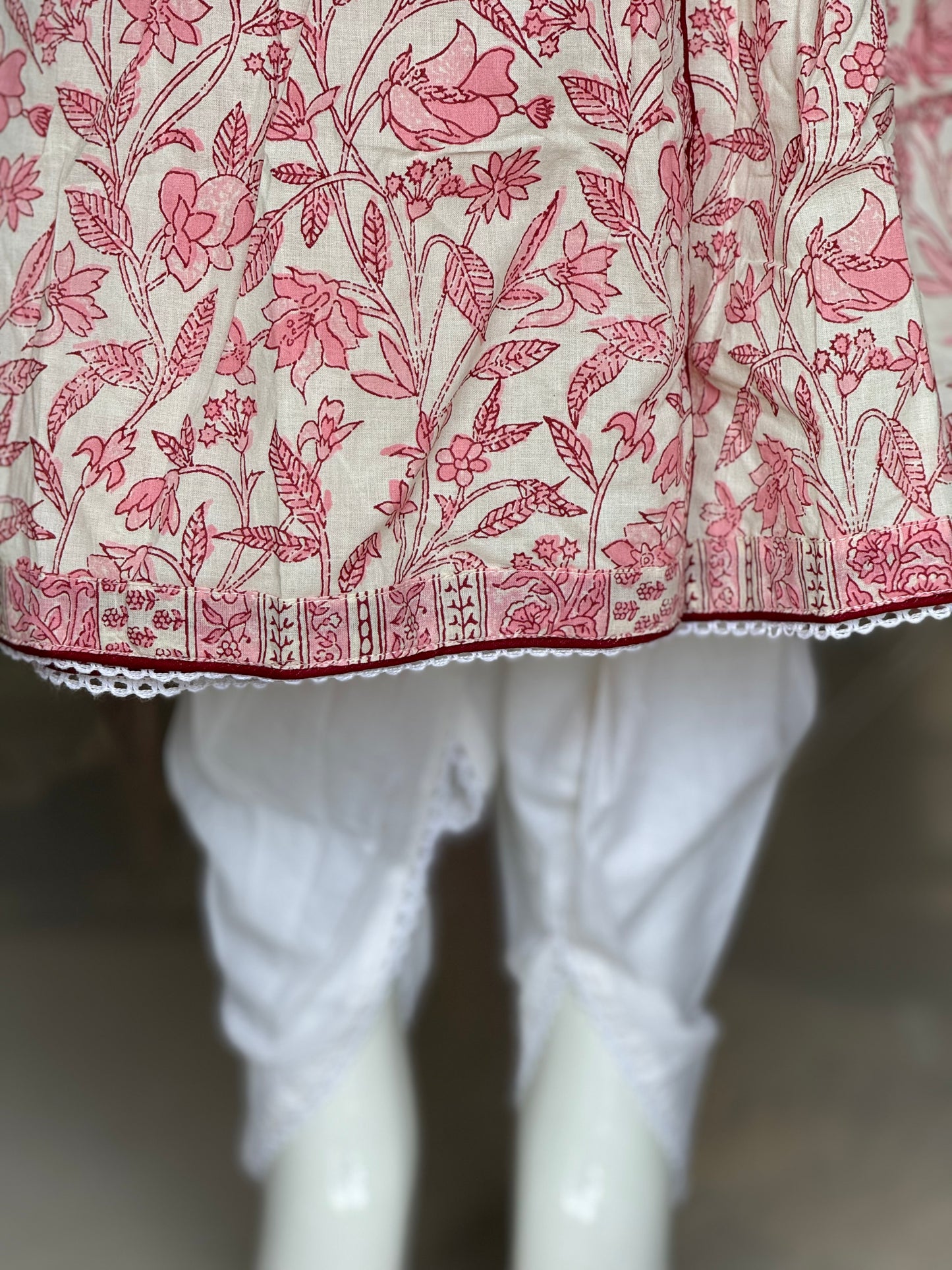 Off white pink floral angrakha style cotton flared kurta and dhoti pants set for girls with lace detailing
