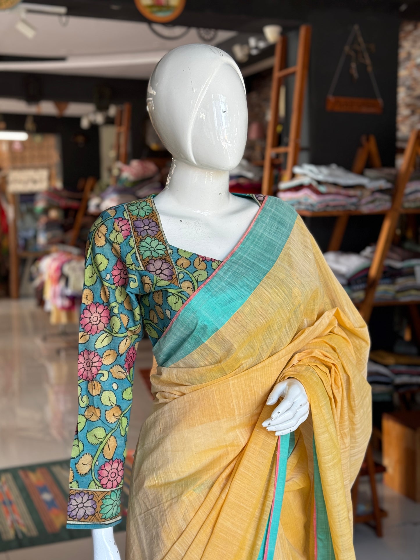 Sandal shade hand spun hand woven cotton saree with sea green and pink borders