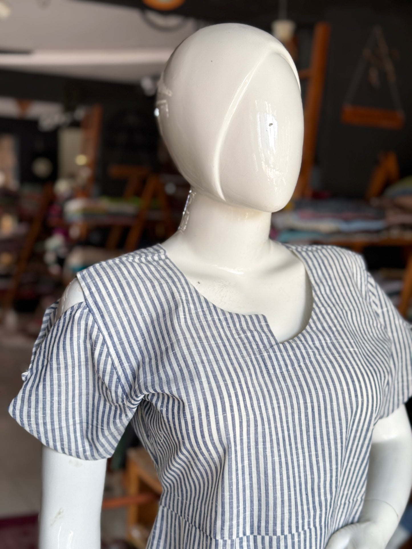 Grey and white stripes handwoven, cotton dress with cinched pleats and asymmetric neckline
