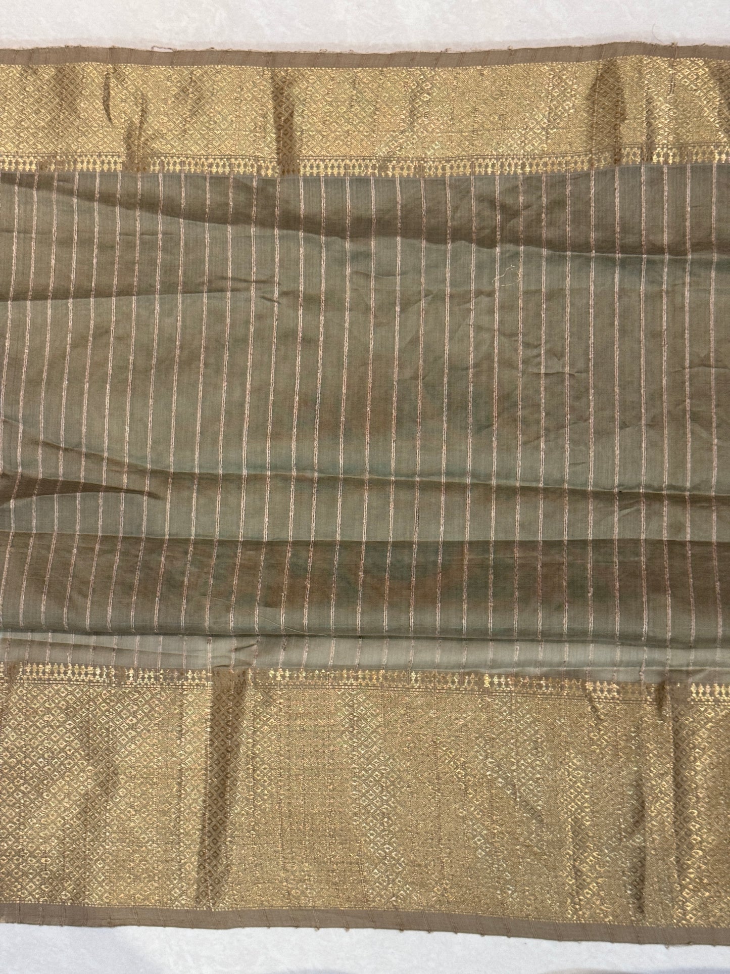 Yellow silk cotton Maheshwari handloom saree with zari pallu and vertical stripes all over