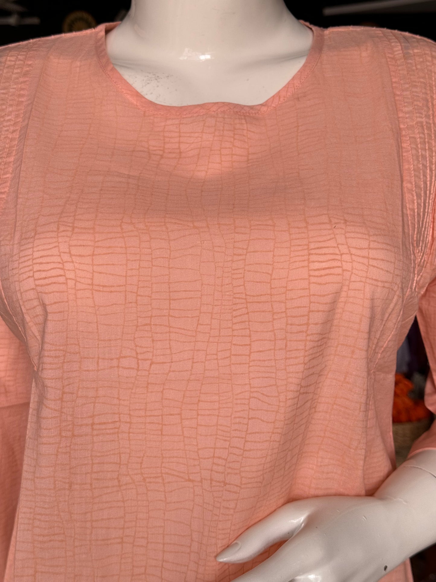 Peach cotton short dress / kurti - self design hand block printed