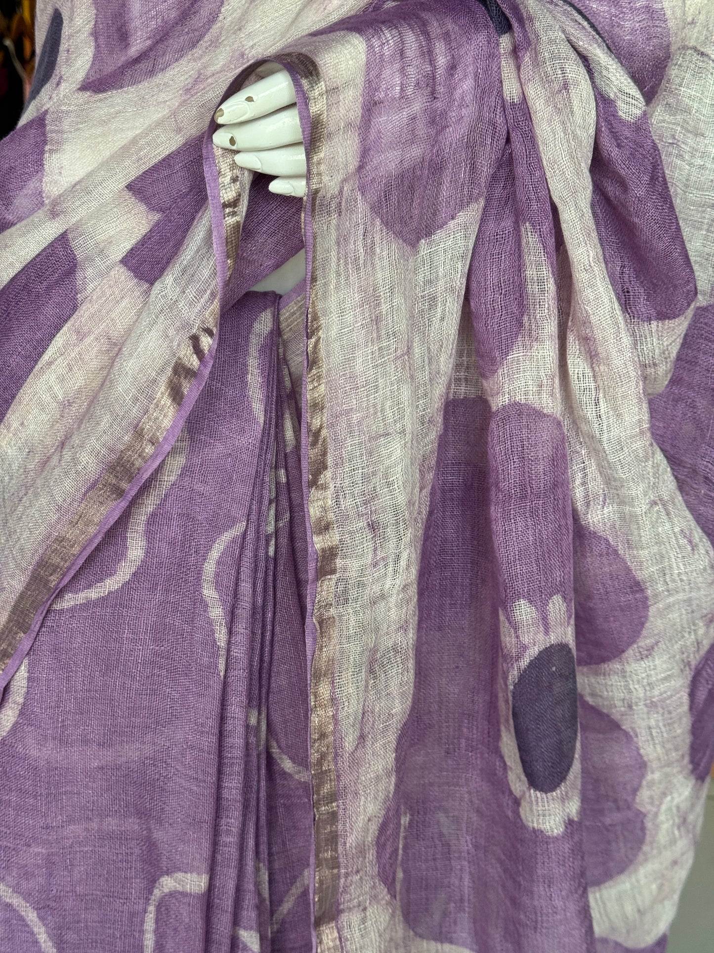 Lavender flowers hand painted linen saree