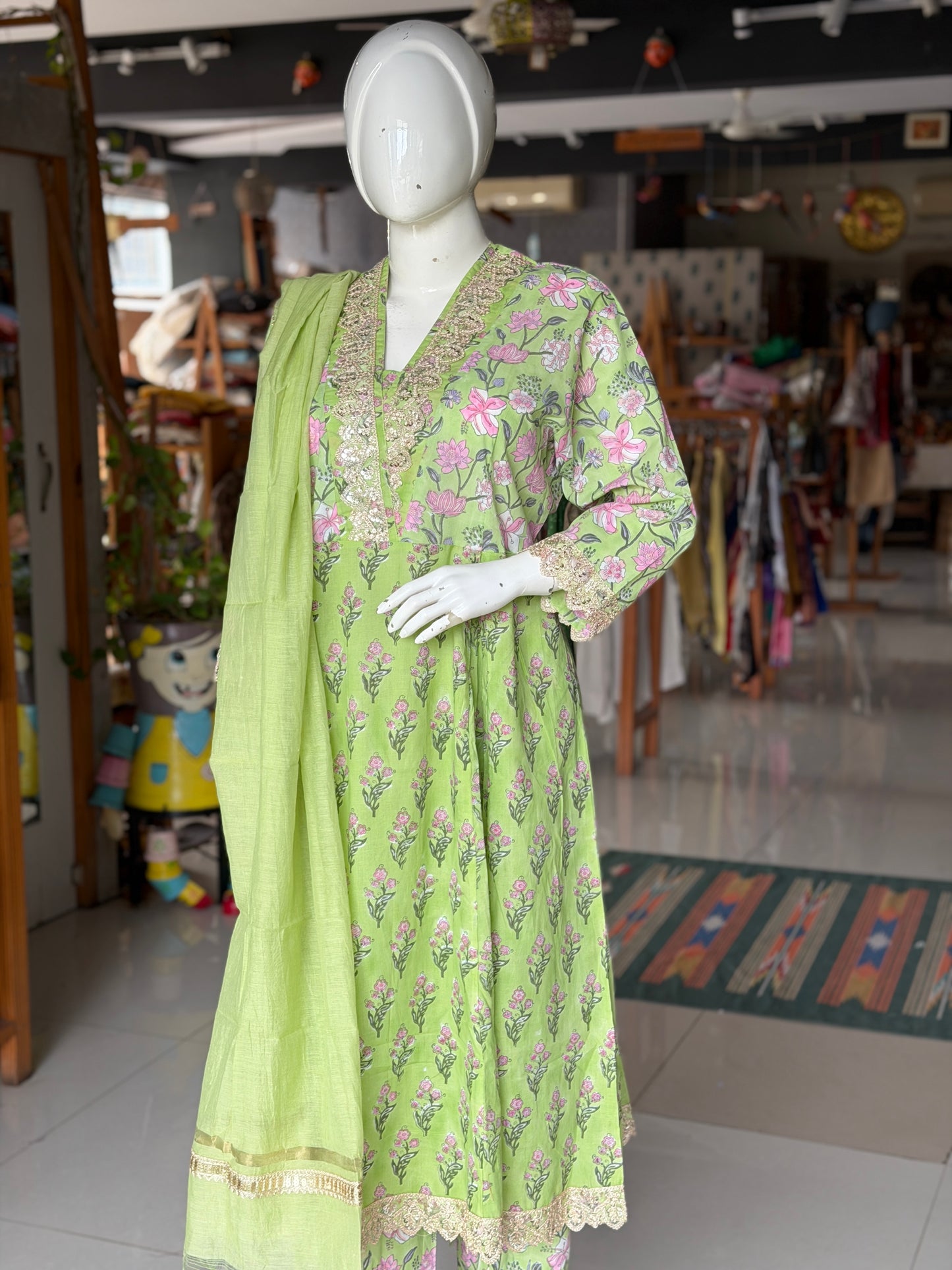 Green floral hand block print with lace detailing flared kurti, pants and dupatta - 3 piece set