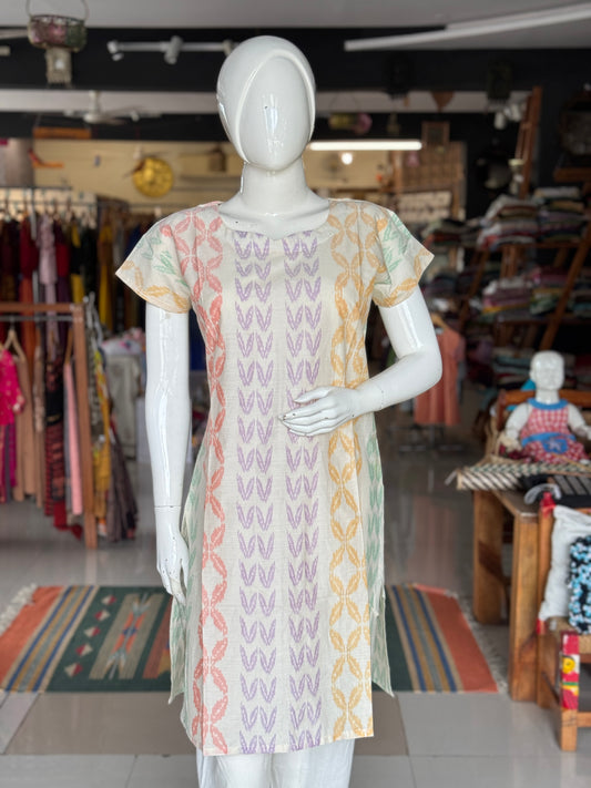 Off white handwoven silk ikat straight kurti with colorful vertical design