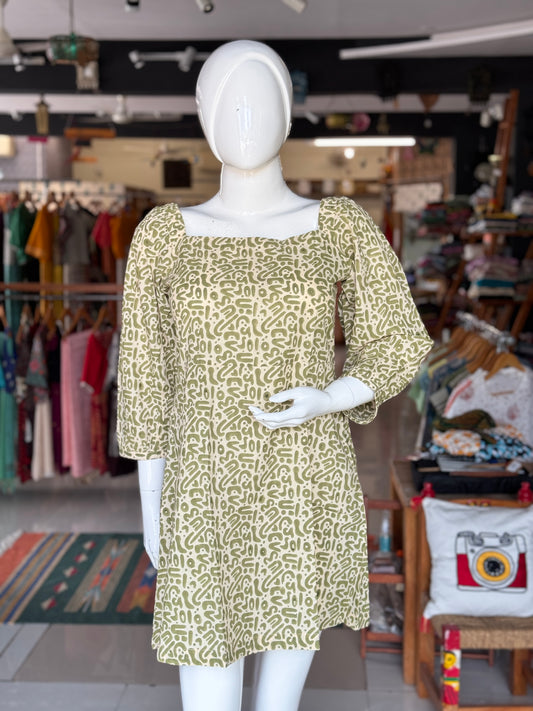 Olive green maze hand block printed short cotton dress