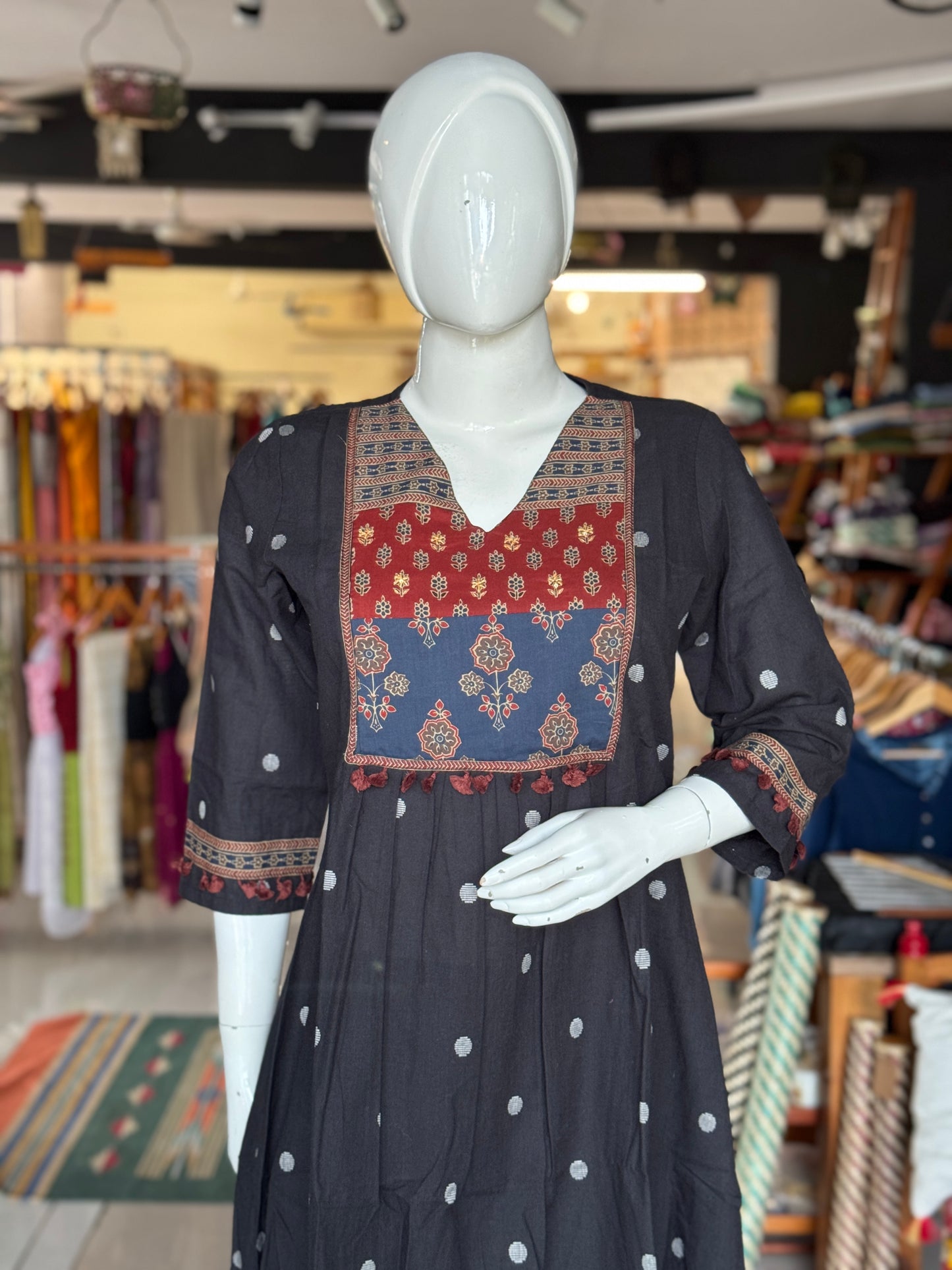 Black cotton A-line cotton Kurti and pants - 2 piece coord set, patch work yoke