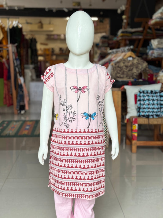 Light pink hand block printed cotton straight cut kurti for girls