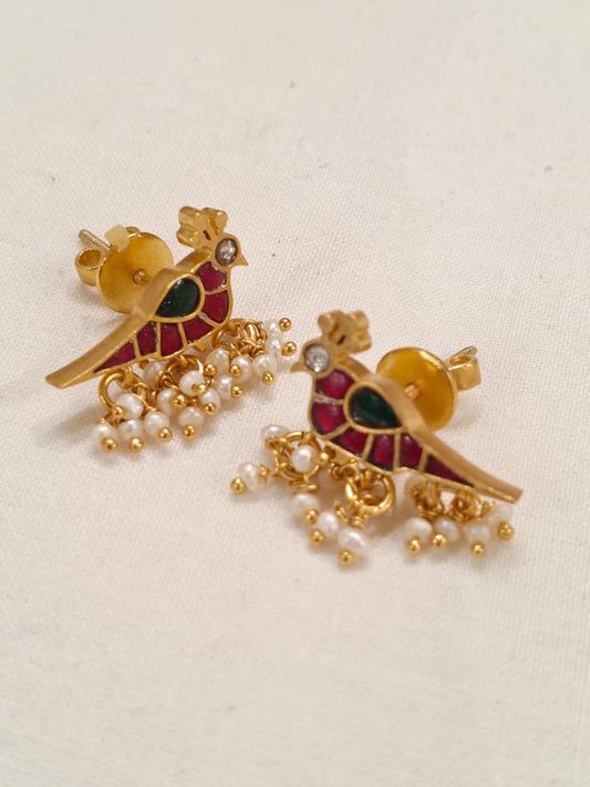 Birds silver ear studs in Pink and green stones with pearl drops