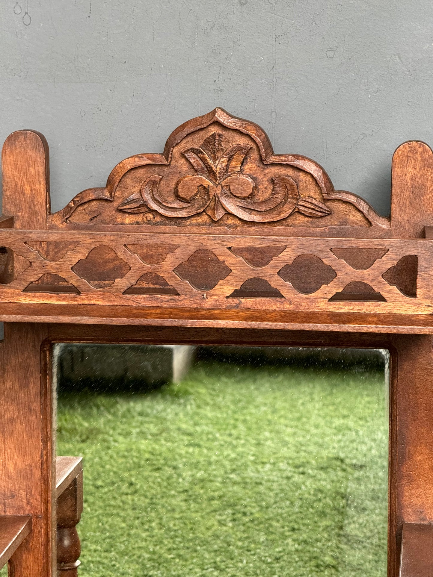 Wooden wall decor frame with 3 mirrors, drawer and niches for adding decorative items