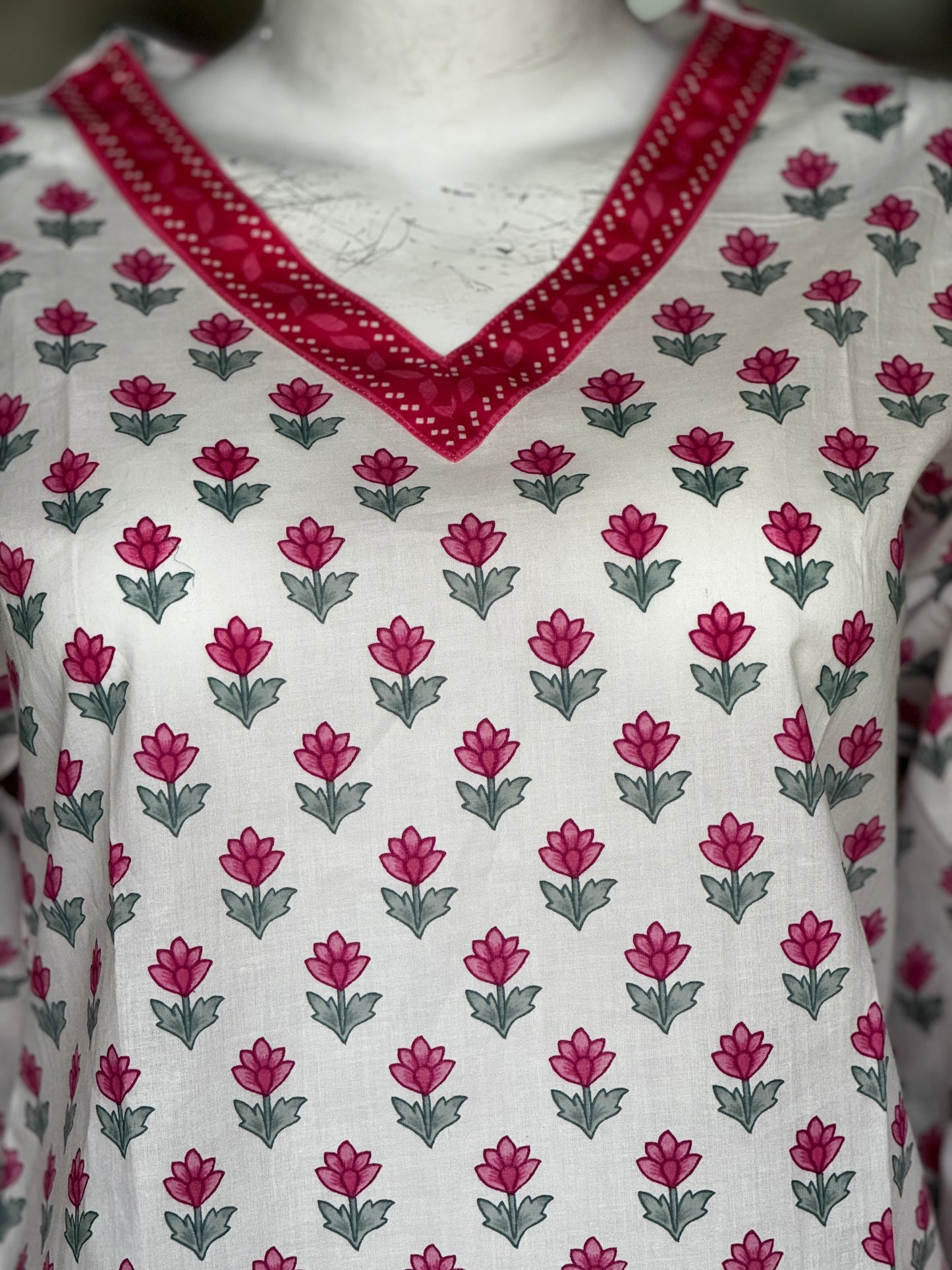 White and pink floral cotton short kurti