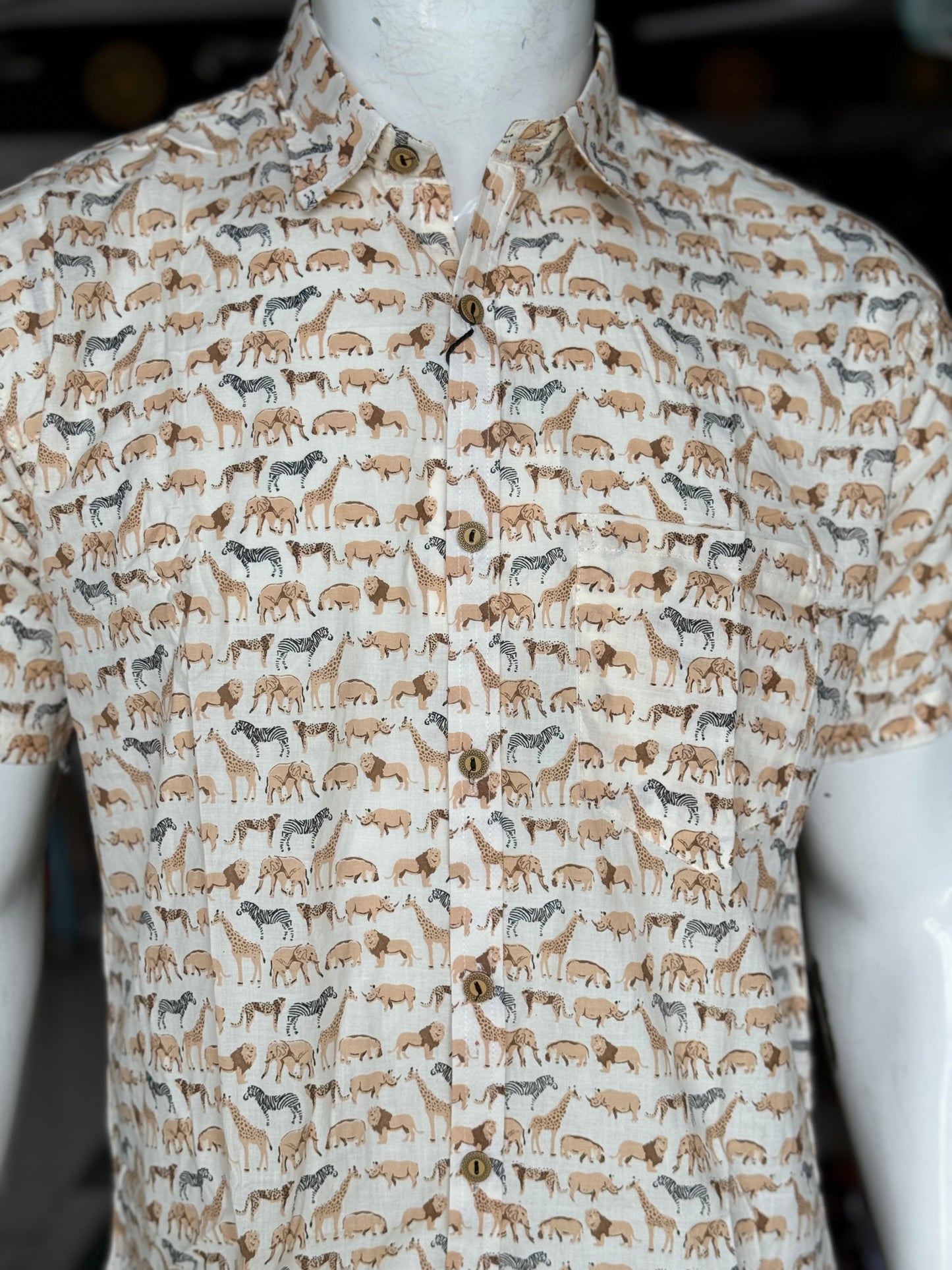 Safari animals print shirt - giraffe, elephant, lion, zebra, leopard rhino, hippo - mens half sleeves cotton shirt