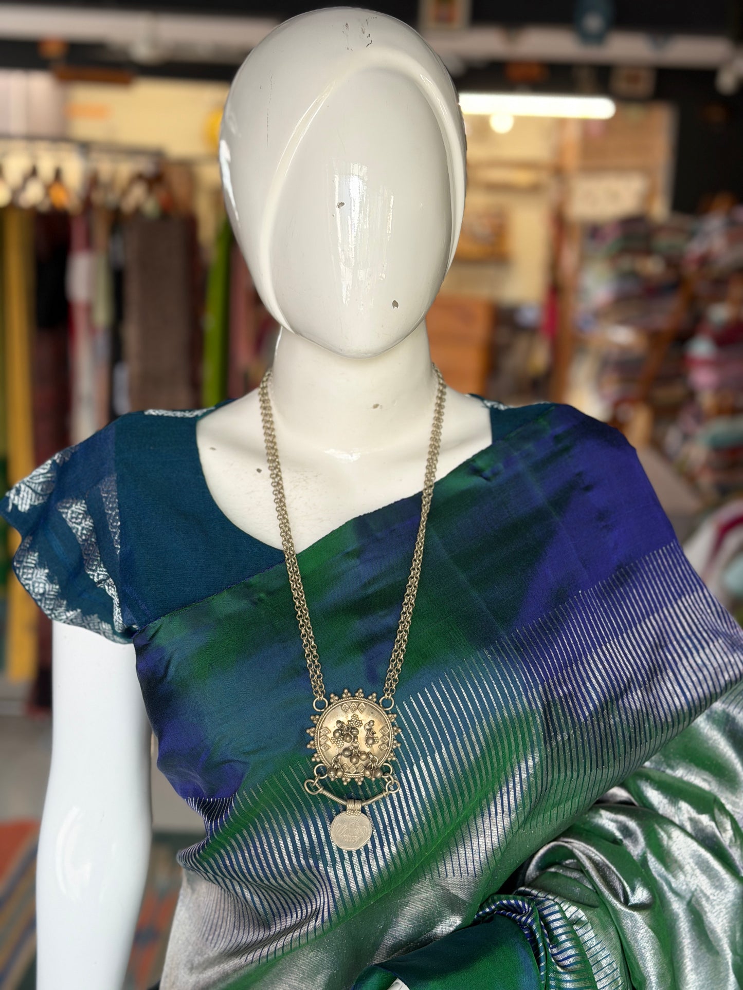 Teal blue Assam hand woven blouse with silver butis - front open with lining - design options available