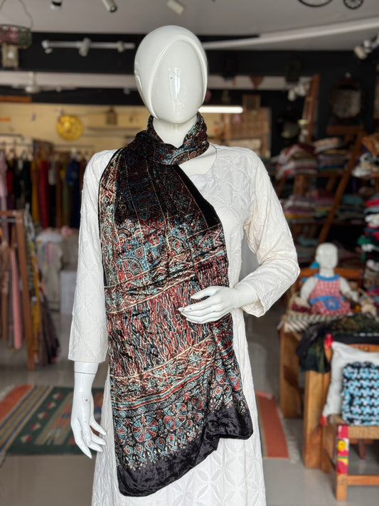 Luxurious Ajrakh hand block printed velvet stole