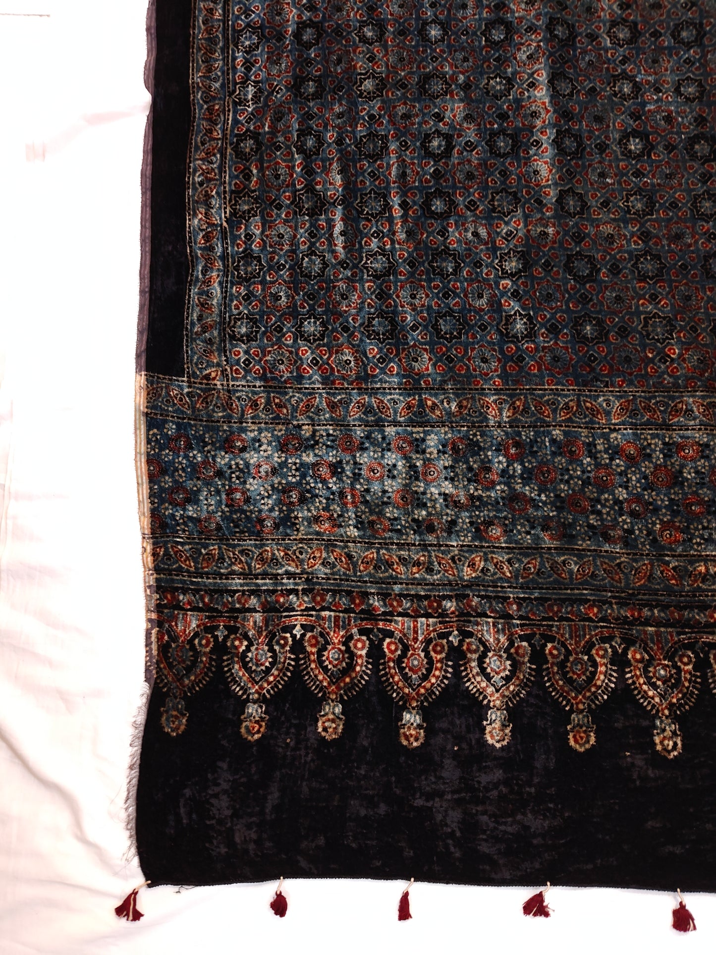 Indigo blue luxurious velvet dupatta with hand block Ajrakh prints