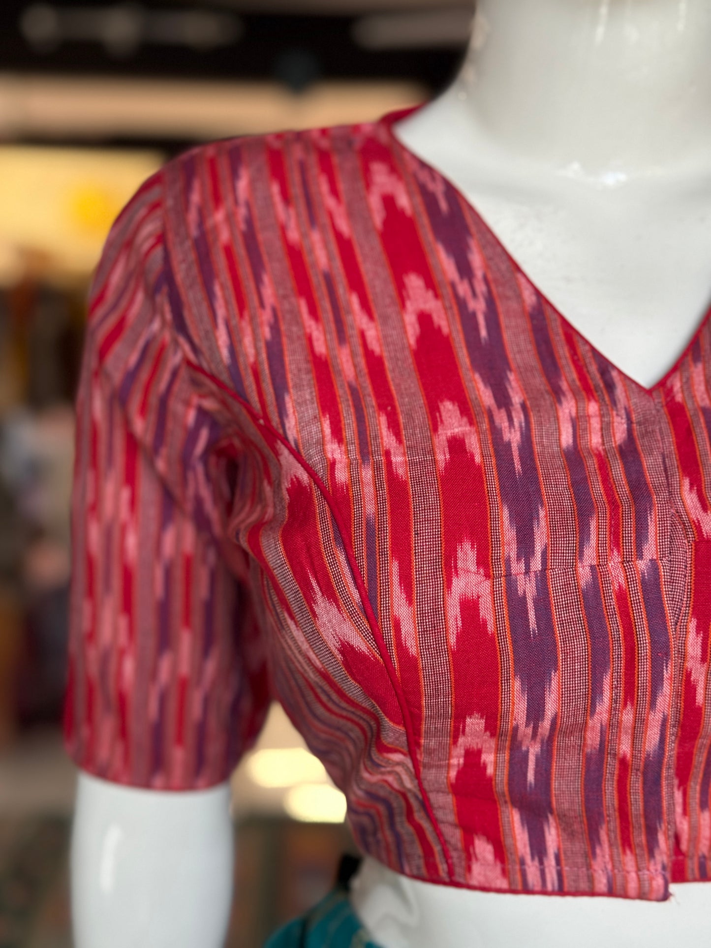 Red and violet stripes handloom ikat cotton blouse with piping details and lining