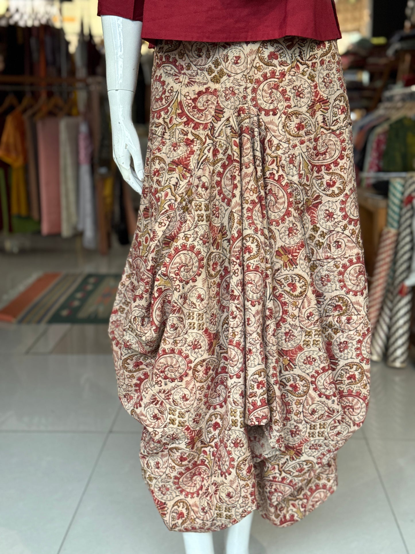 Pink, green, beige flowers pattern natural dyed, hand block printed cotton designer skirt - with pockets