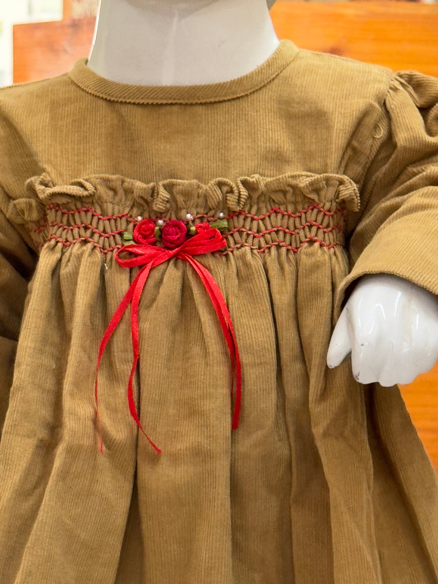 Corduroy soft frock with smocking embroidery