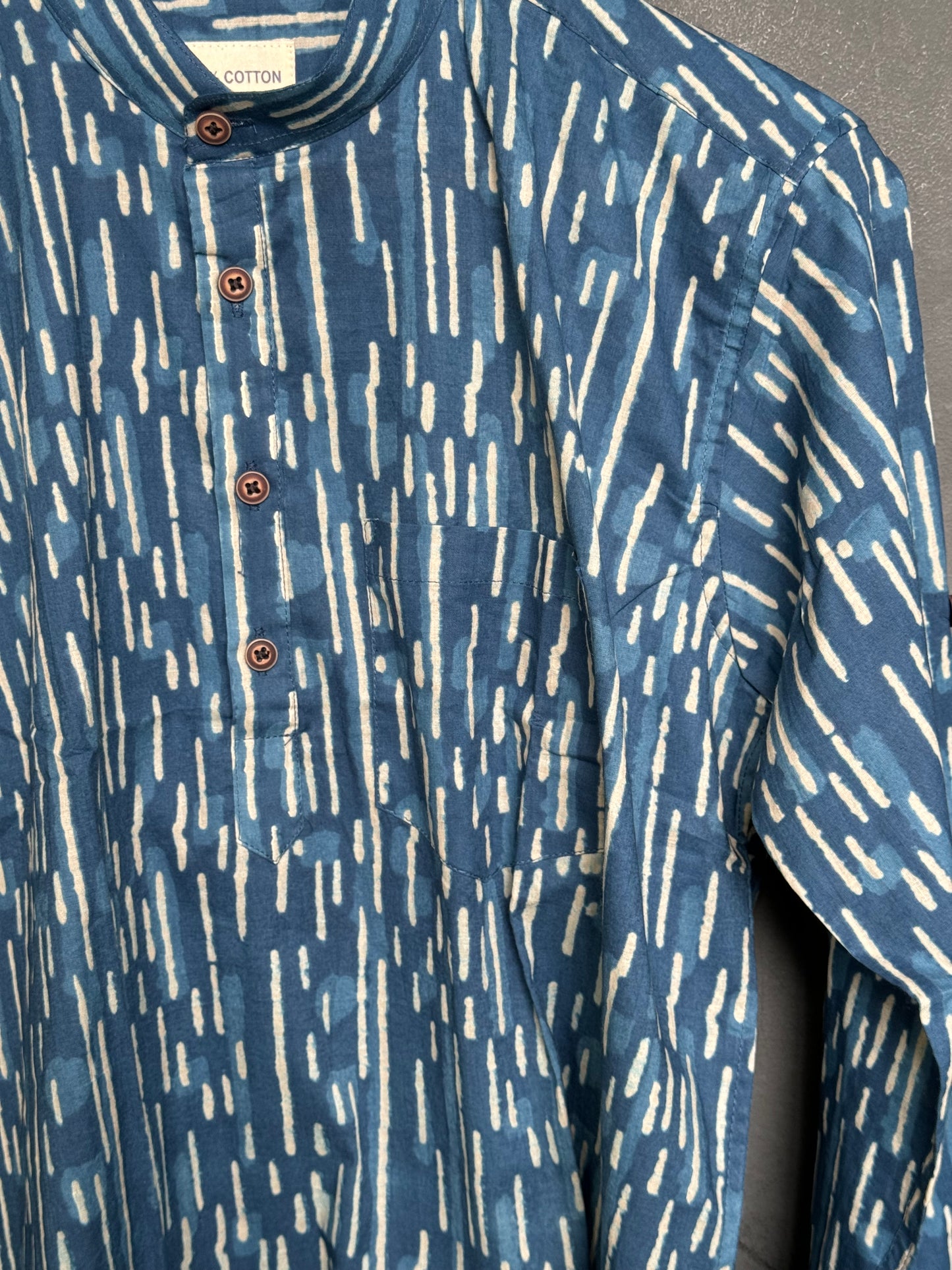 Indigo broken lines handblock printed full sleeves cotton short kurta for men
