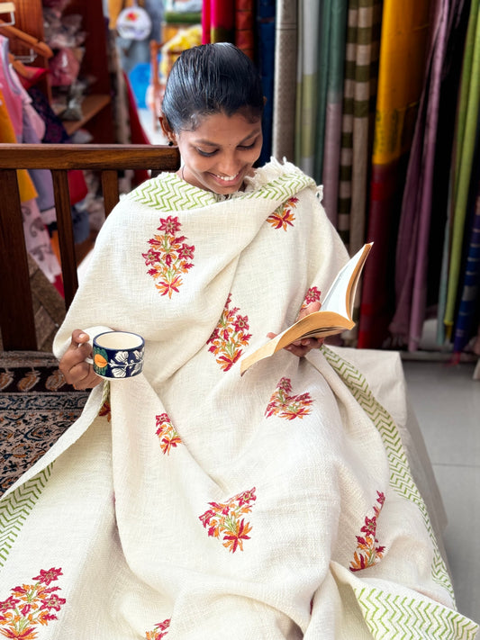 Hand block printed off white TNT sofa throw