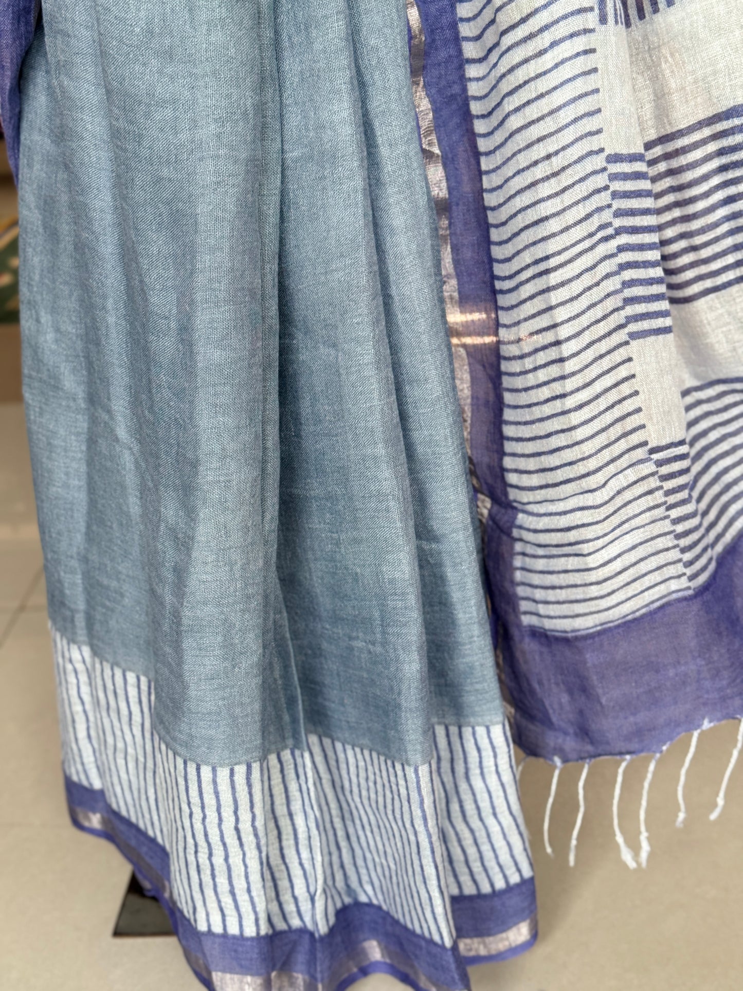 Blue stripes hand block printed linen saree